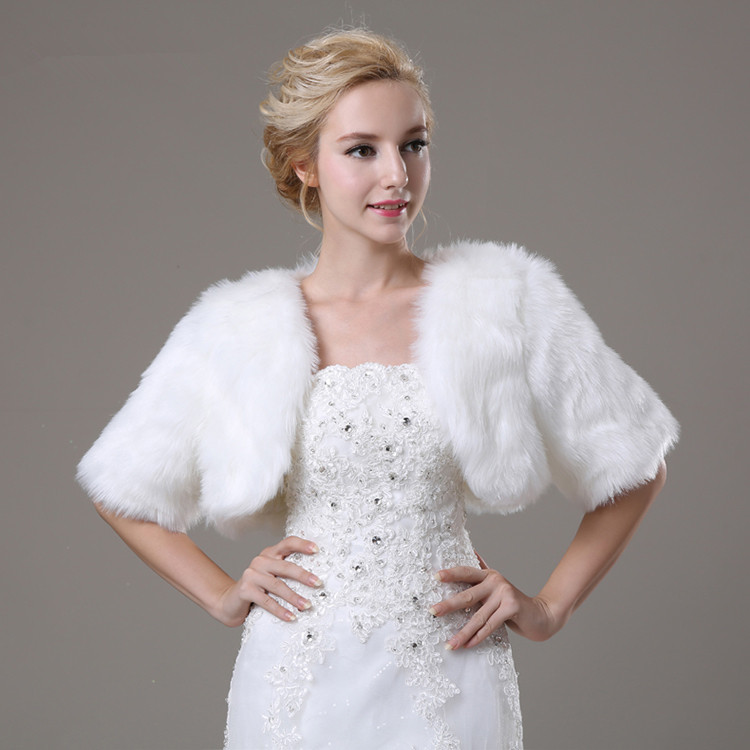 White Artificial Fur Bolero With Short Sleeves Bridal Faux Fur ...